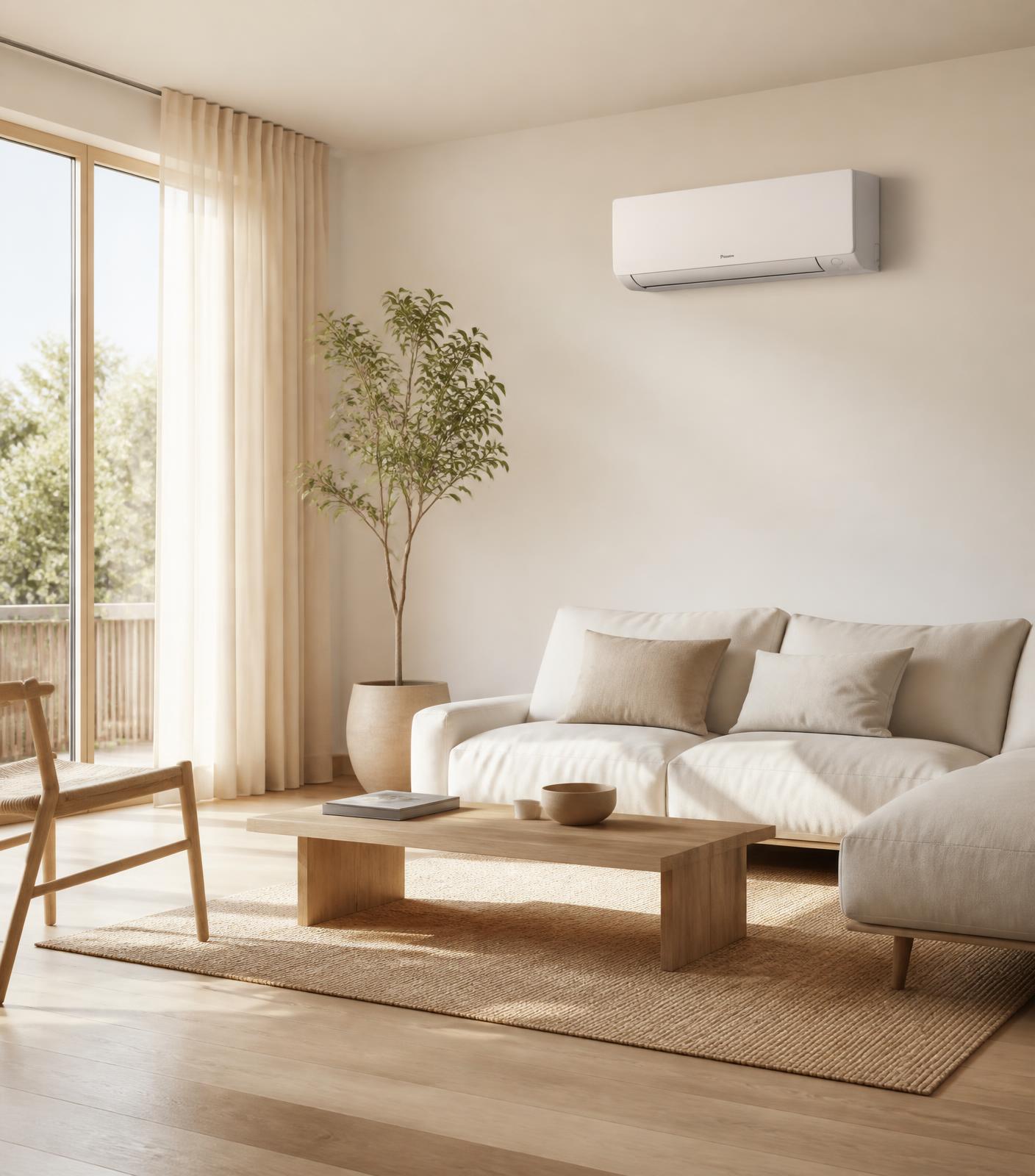 Licht Scandinavisch interieur met een strakke wandairco boven de bank